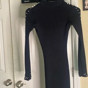 Black skinny long sleeve dress with pearls